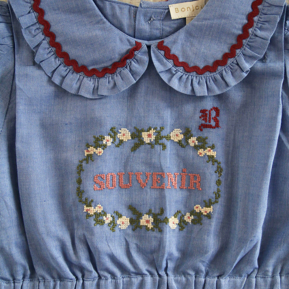 Embroidered Blouse in Blue Chambray by Bonjour