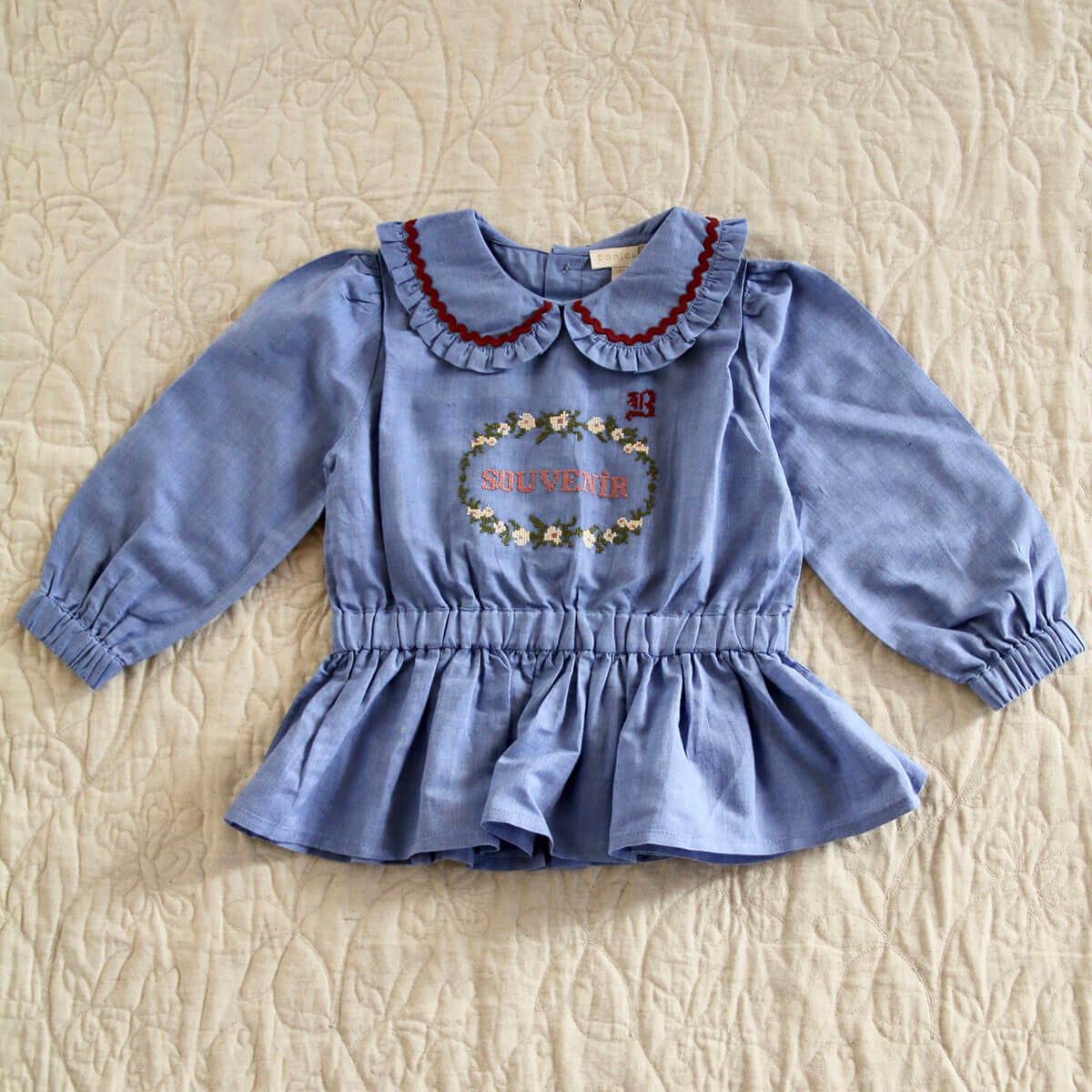 Embroidered Blouse in Blue Chambray by Bonjour