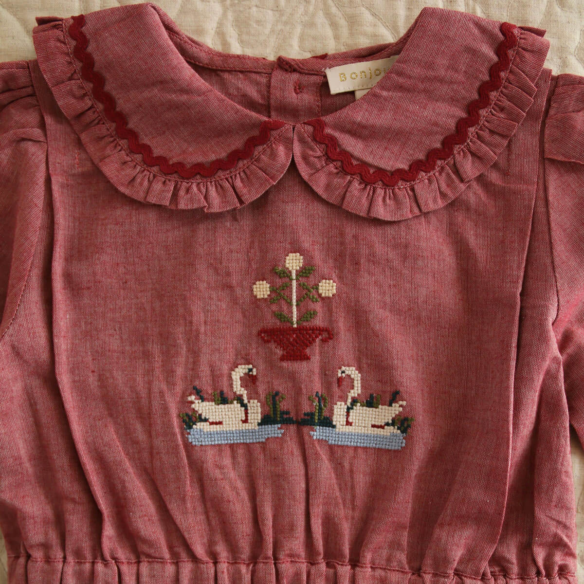 Embroidered Blouse in Red Chambray by Bonjour