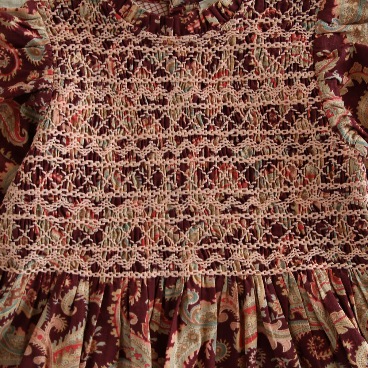 Handsmock Dress in Burgundy Cashmere Print by Bonjour