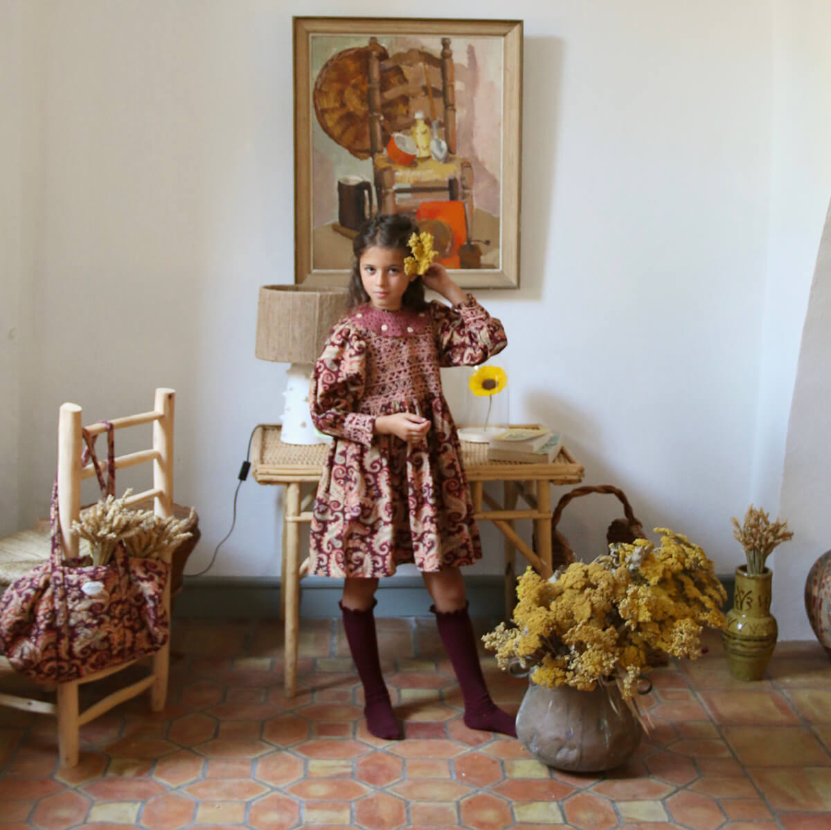 Handsmock Dress in Burgundy Cashmere Print by Bonjour