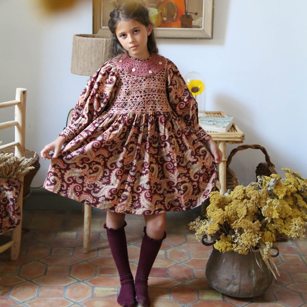 Handsmock Dress in Burgundy Cashmere Print by Bonjour