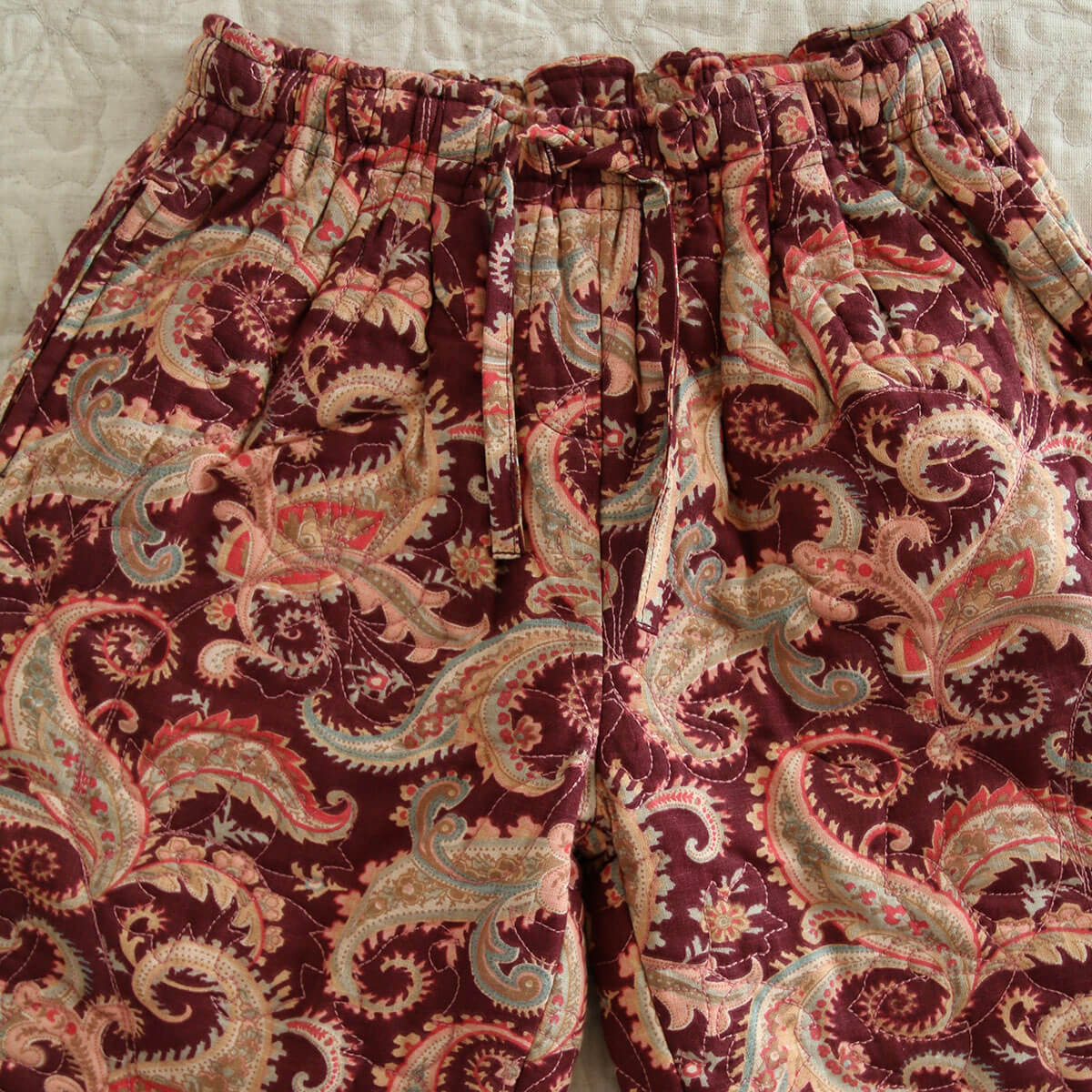 Quilted Pants in Burgundy Cashmere Print by Bonjour