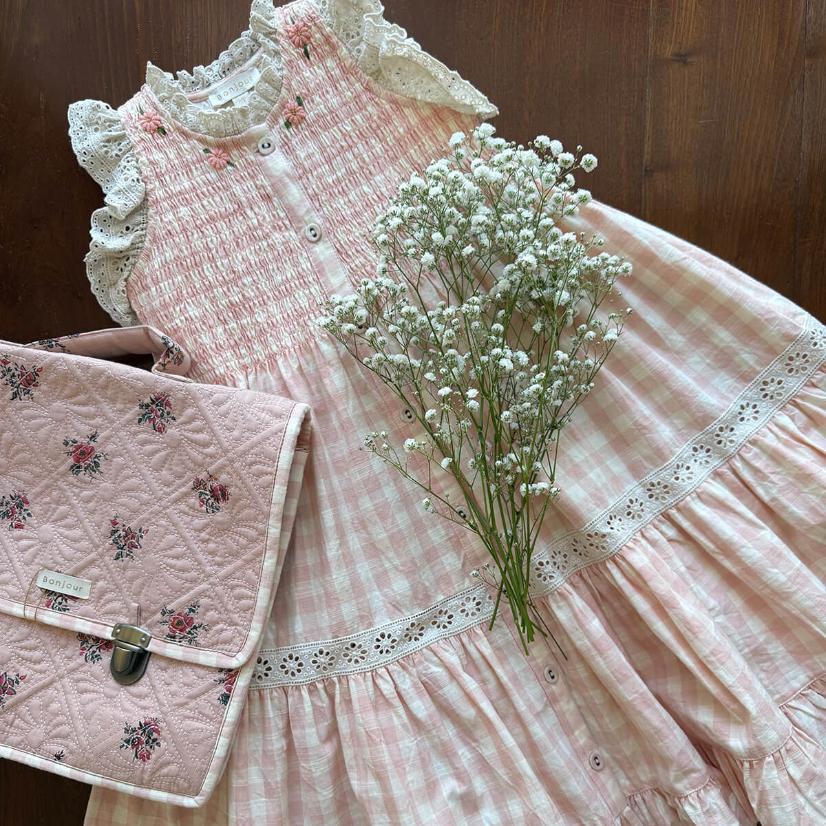 EXCLUSIVE Long Ibiza Dress in Pink Vichy by Bonjour