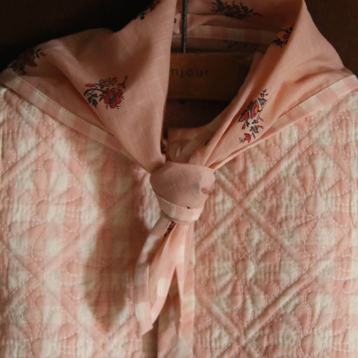 Dress Coat With Scarf in Pink Garden Flowers Print Denim by Bonjour
