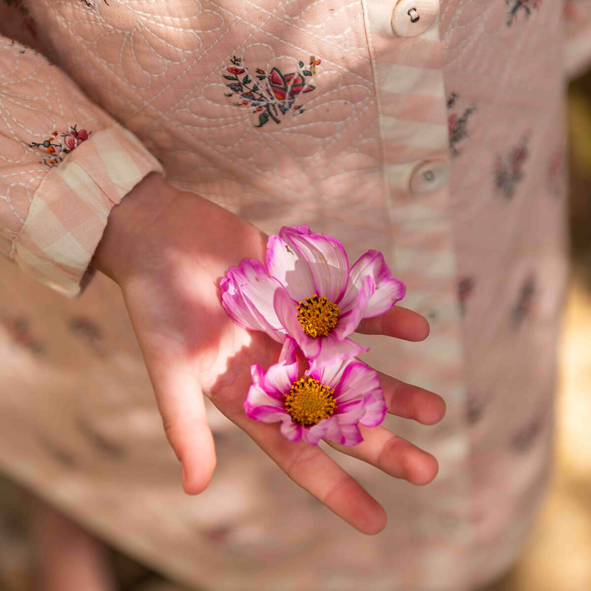 Dress Coat With Scarf in Pink Garden Flowers Print Denim by Bonjour