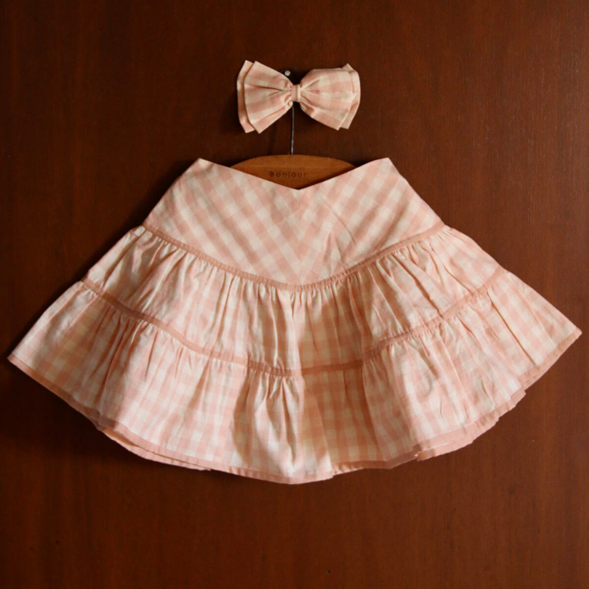 Flounce Skirt With Hair Clip in Pink Vichy by Bonjour