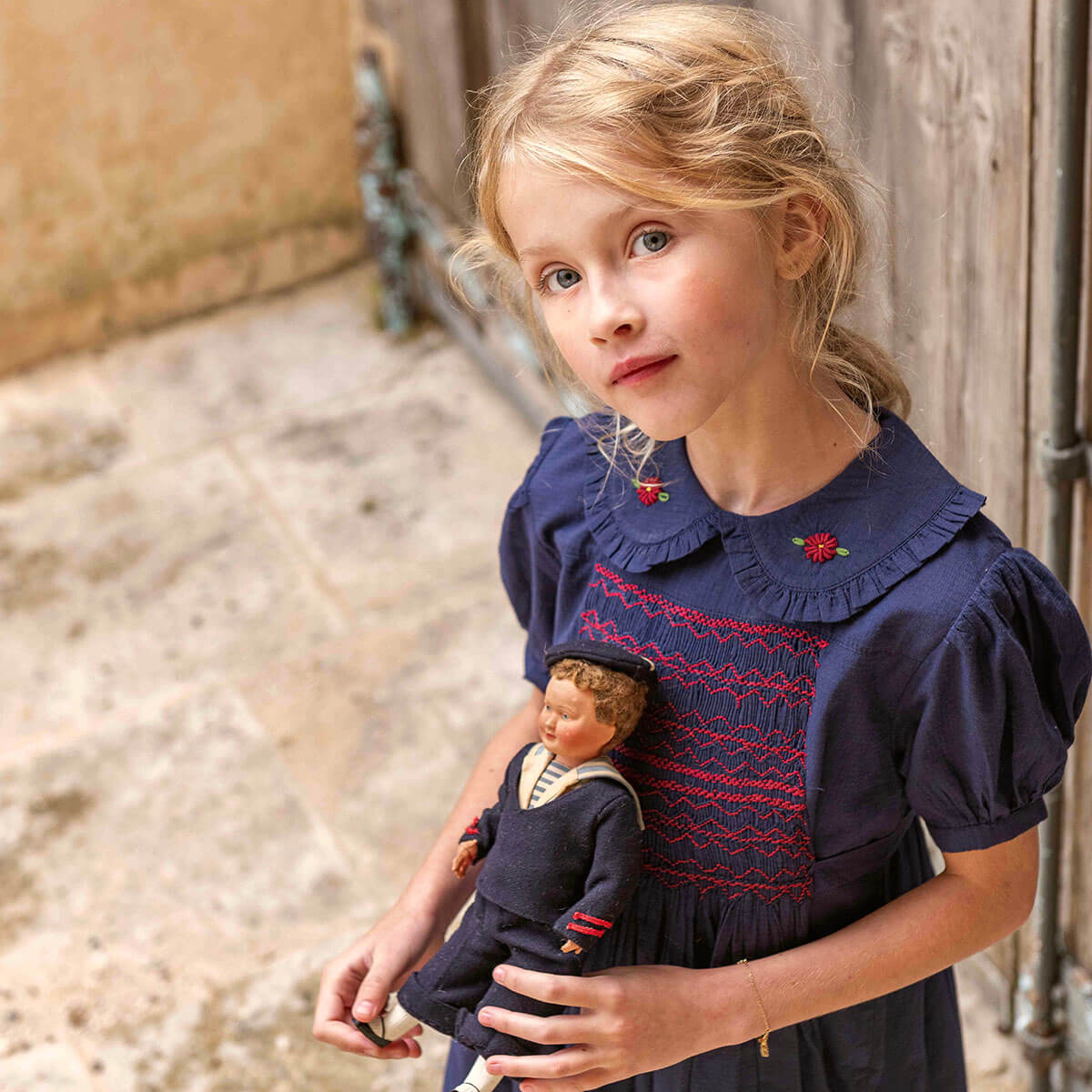 Handsmock Apron Dress in Navy Check by Bonjour