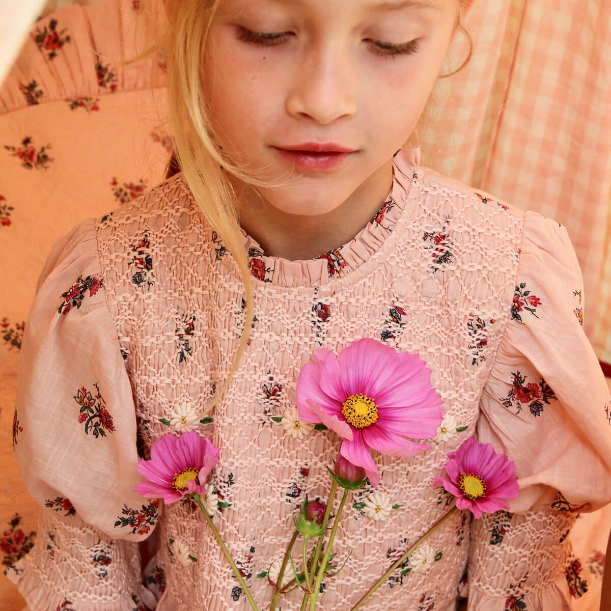 Handsmock Blouse in Pink Garden Flowers Print by Bonjour
