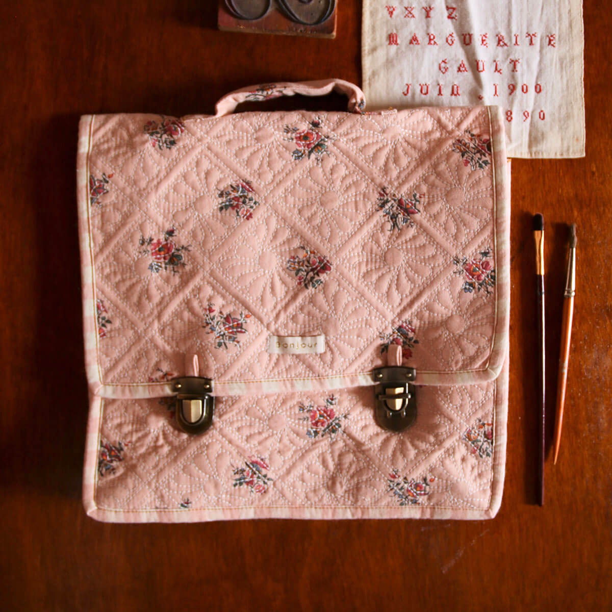 Quilted School Bag in Pink Garden Flowers Print | Bonjour | Junior
