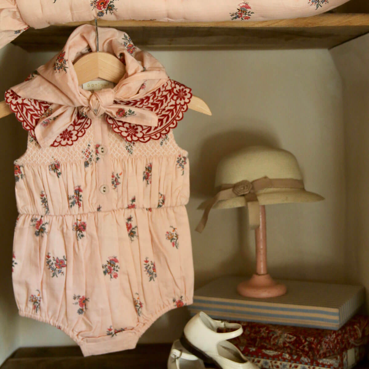 Romper With Scarf in Pink Garden Flowers Print by Bonjour