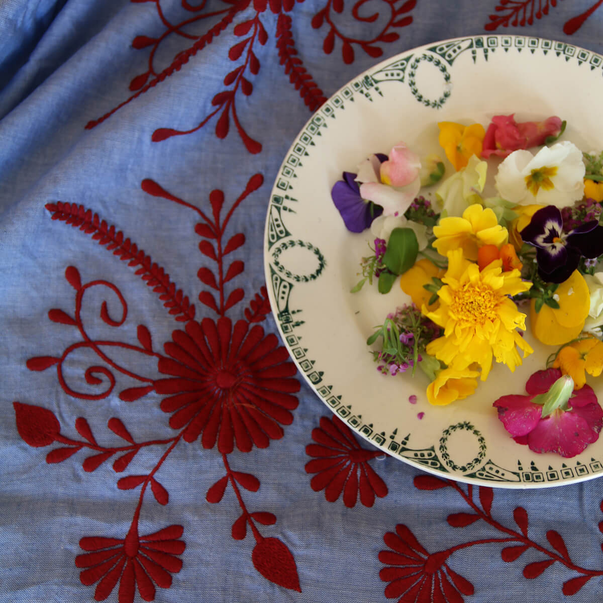 Embroidered Tablecloth in Blue Chambray by Bonjour