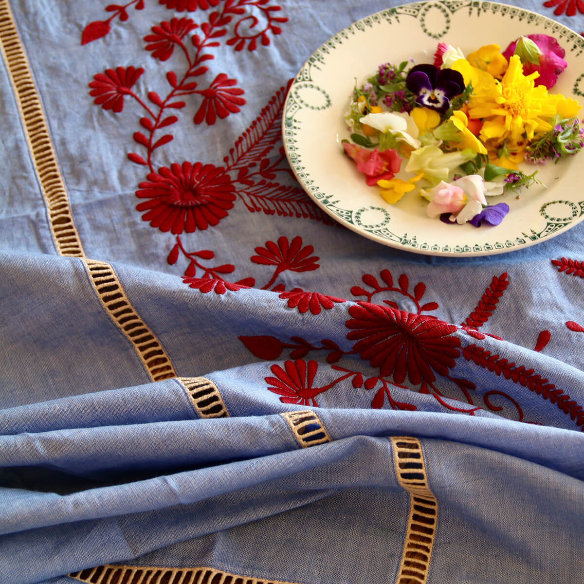 Embroidered Tablecloth in Blue Chambray by Bonjour