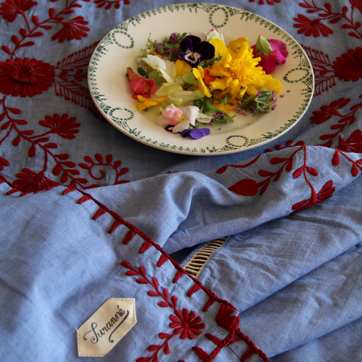 Embroidered Tablecloth in Blue Chambray by Bonjour