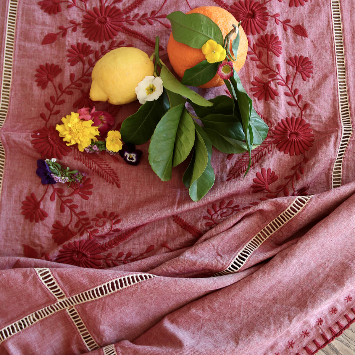 Embroidered Tablecloth in Red Chambray by Bonjour