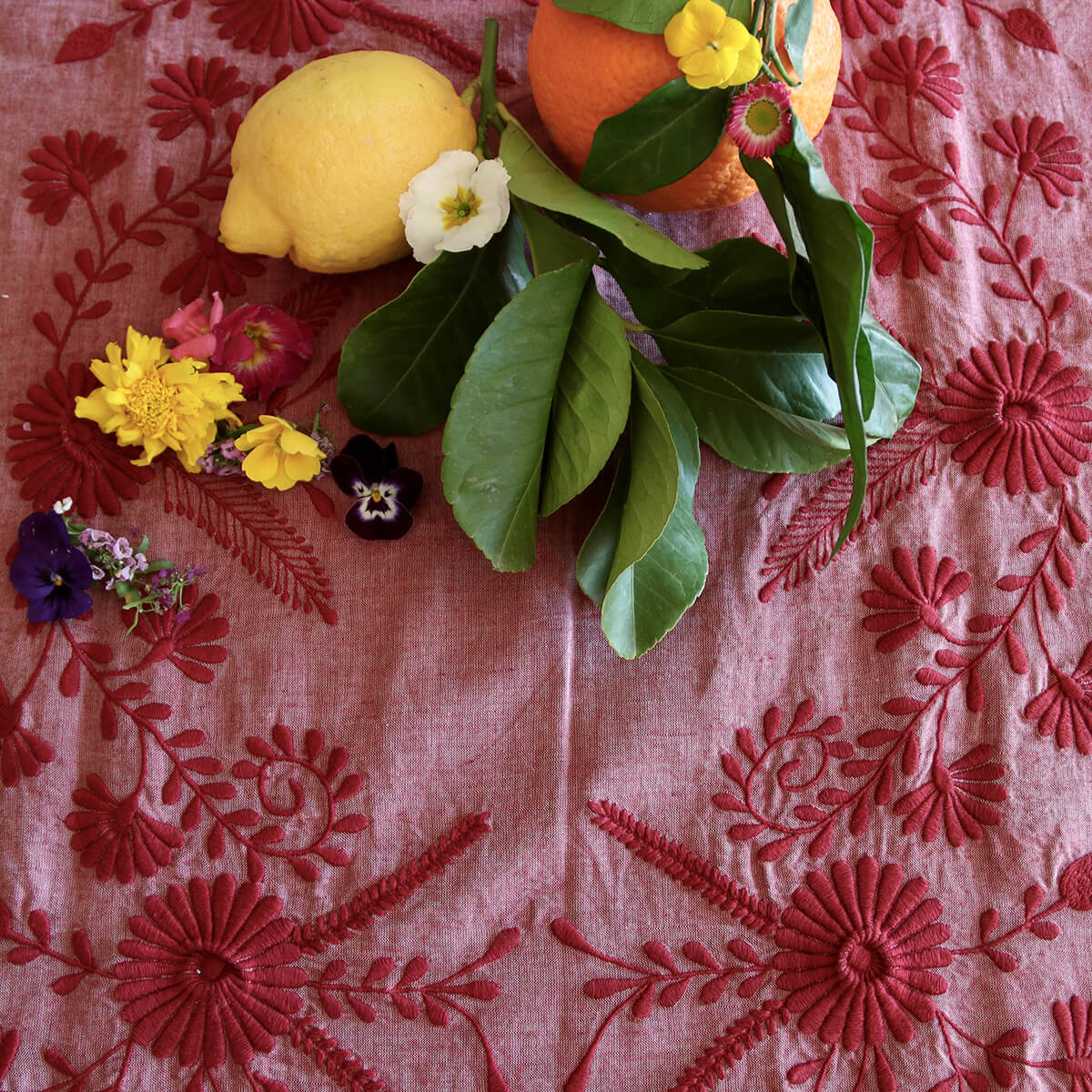 Embroidered Tablecloth in Red Chambray by Bonjour