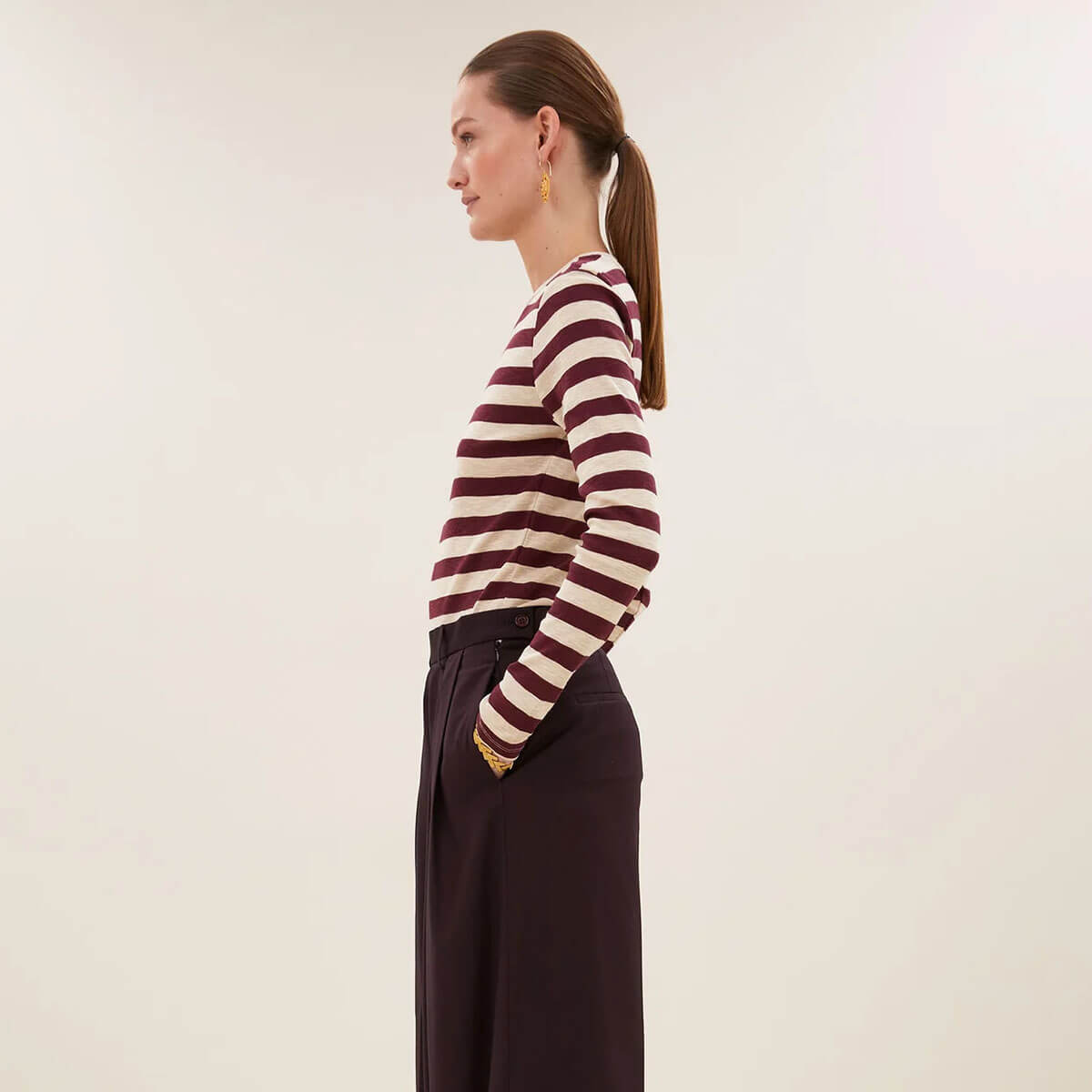 Basic Long Sleeve Big Stripe Top in Burgundy Crush by By-Bar
