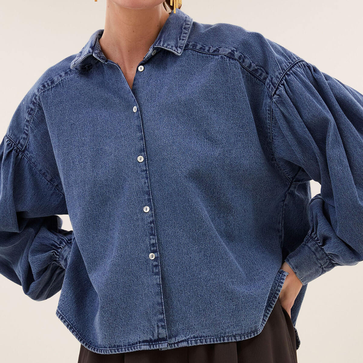 Sarah Short Denim Blouse in Medium Denim by By-Bar