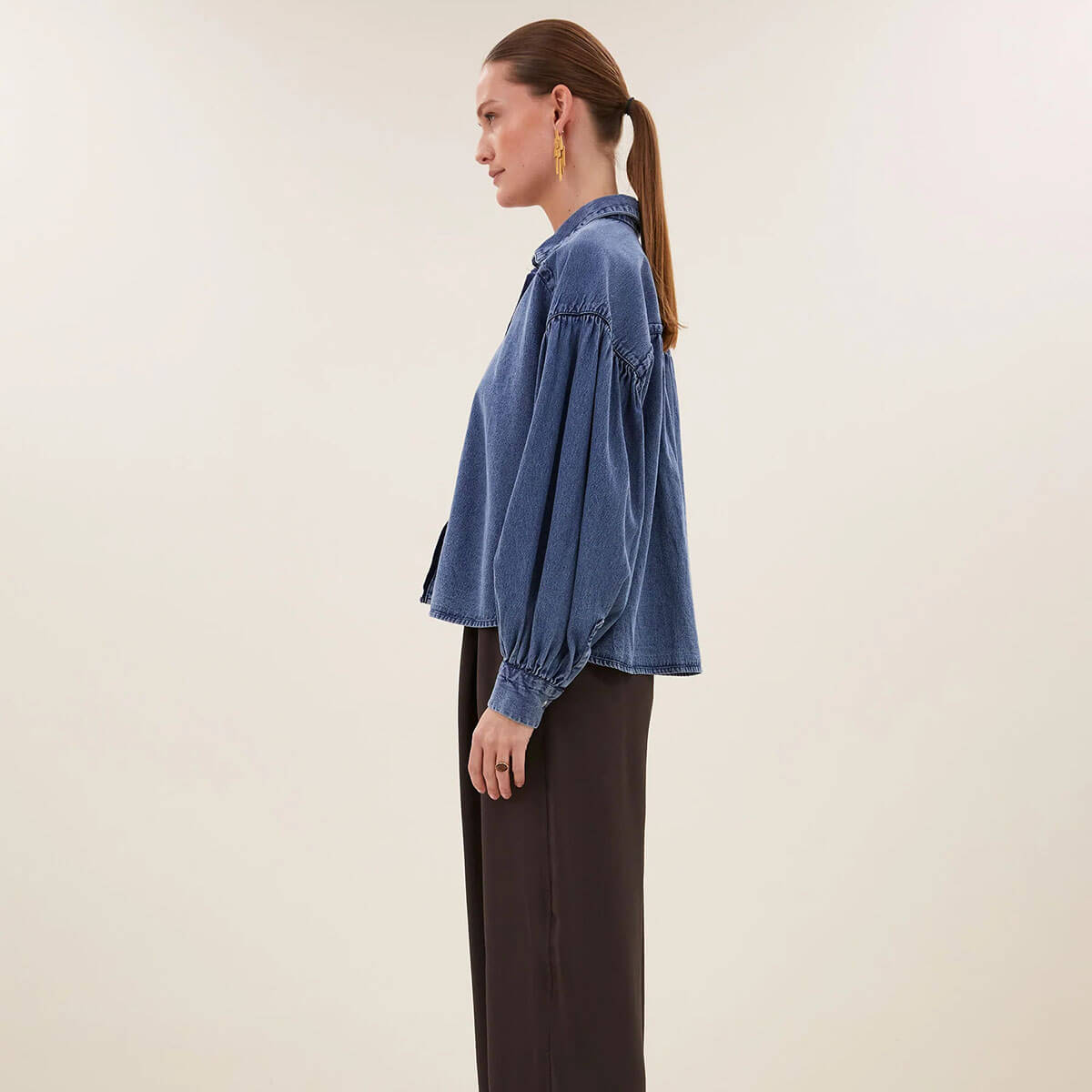 Sarah Short Denim Blouse in Medium Denim by By-Bar