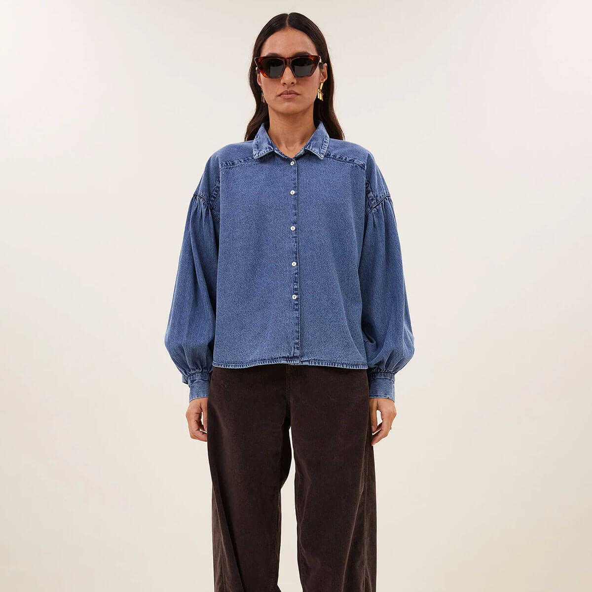 Sarah Short Denim Blouse in Medium Denim by By-Bar