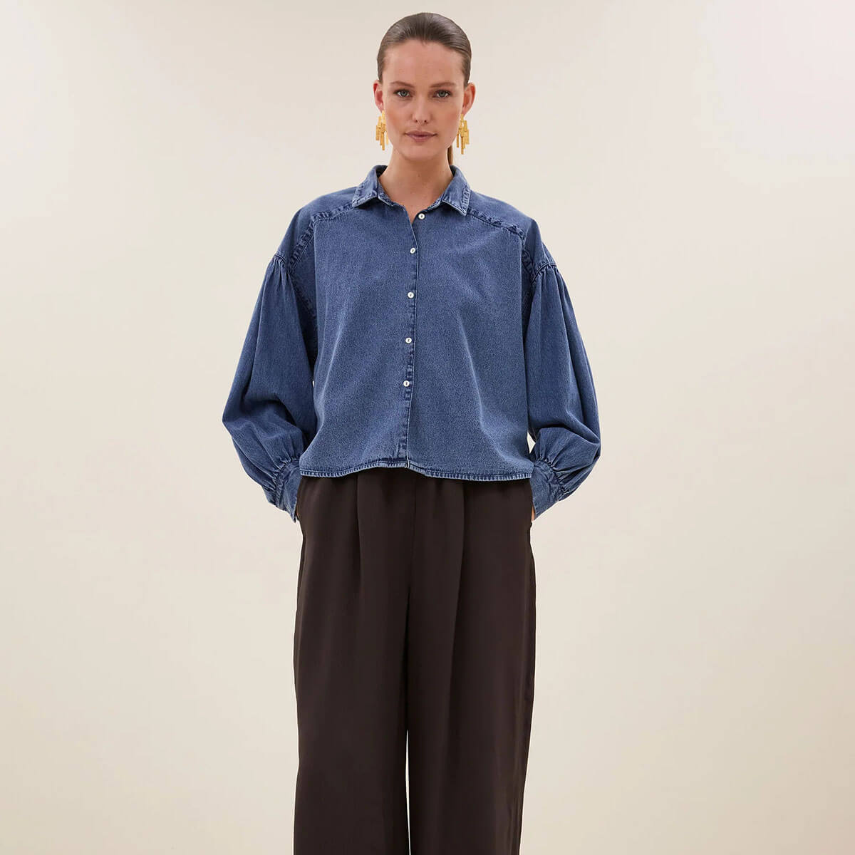 Sarah Short Denim Blouse in Medium Denim by By-Bar