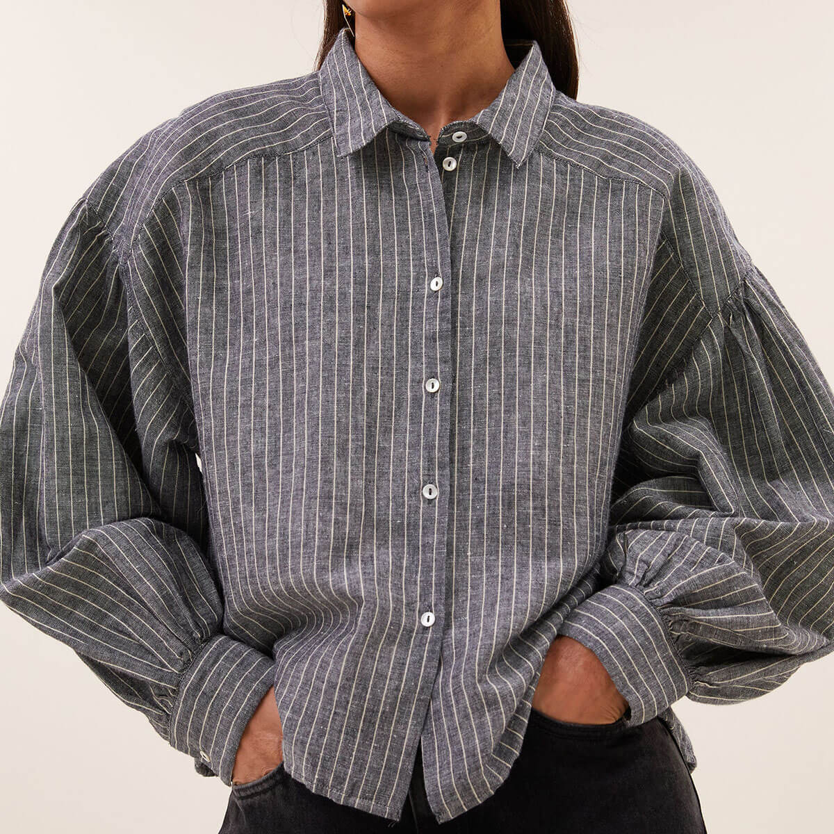 Sarah Short Thin Stripe Blouse in Ash Grey by By-Bar