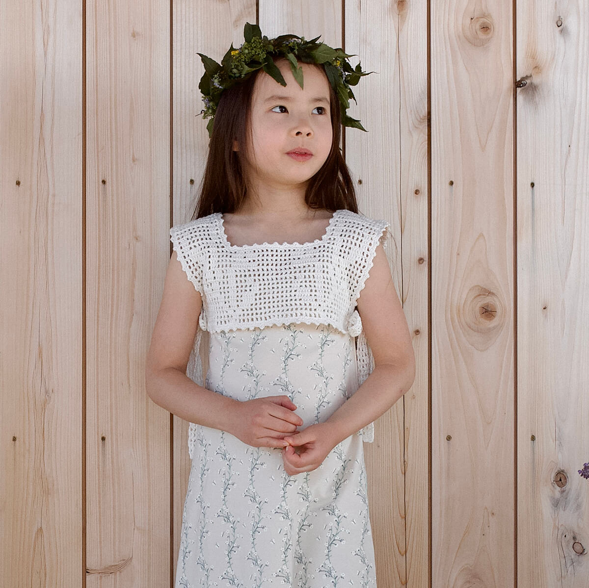 Botanical Crochet Pinny in Ivory by Iver & Isla – Junior Edition