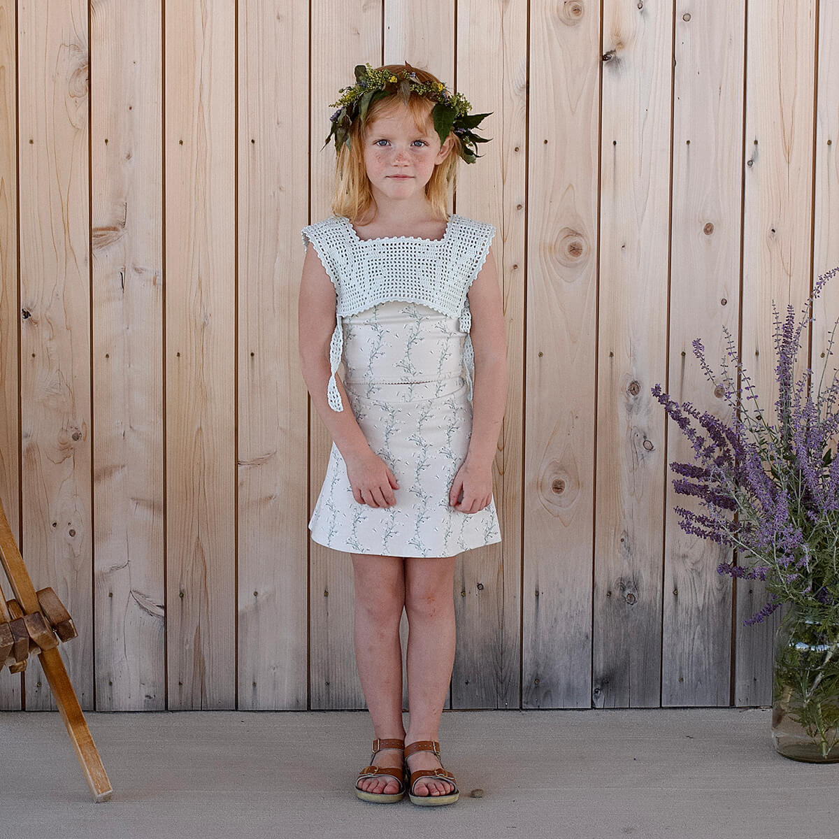 Botanical Crochet Pinny in Ivory by Iver & Isla – Junior Edition