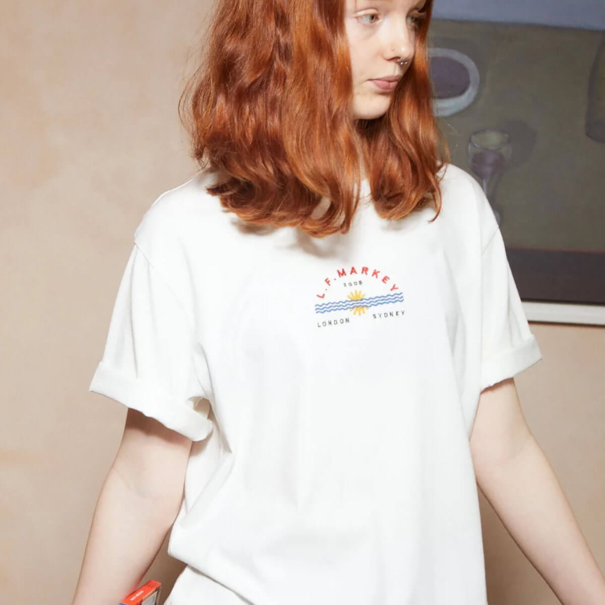 Logo Embroidered Tee in Ecru by L.F.Markey