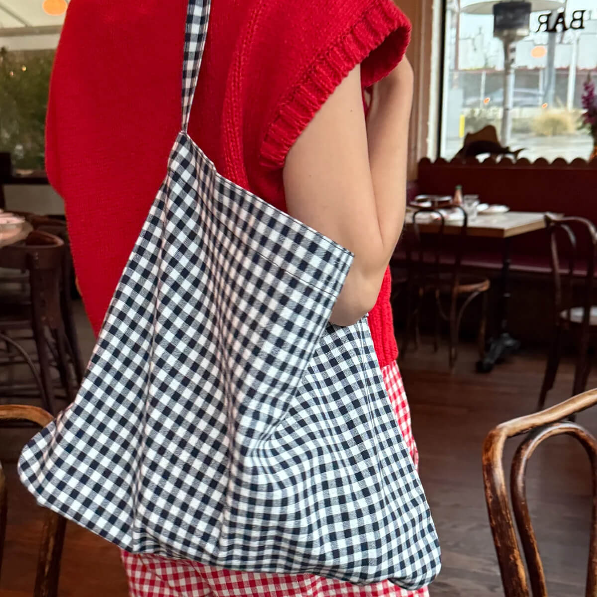 Happy Carry Bag in Navy Gingham by Le Bon Shoppe