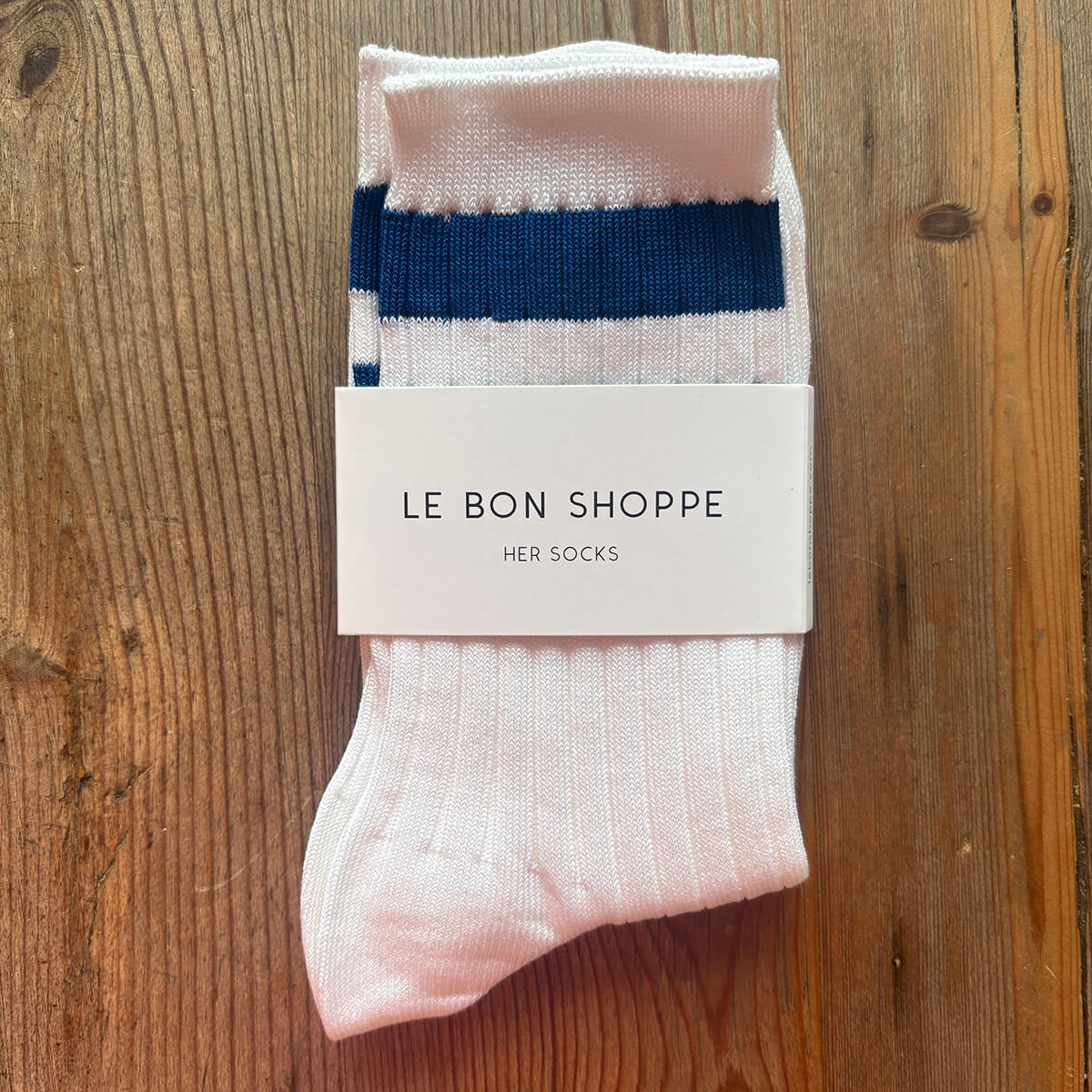 Her Varsity Adult Socks in White / Blue by Le Bon Shoppe