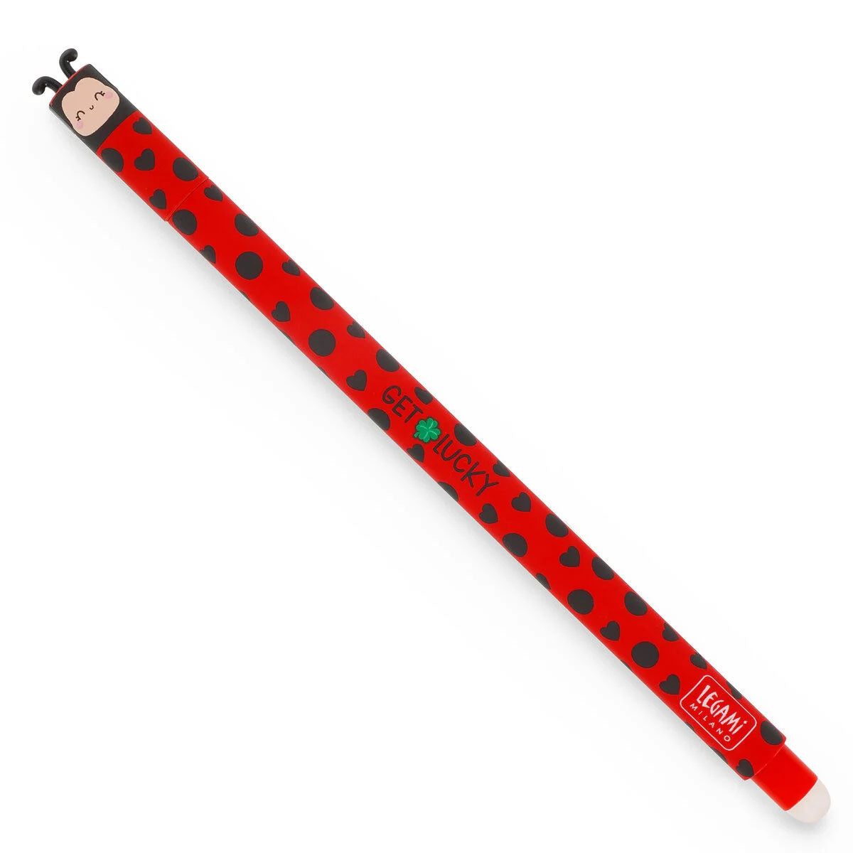Red and black polka dot pen with a cartoon character on a white background