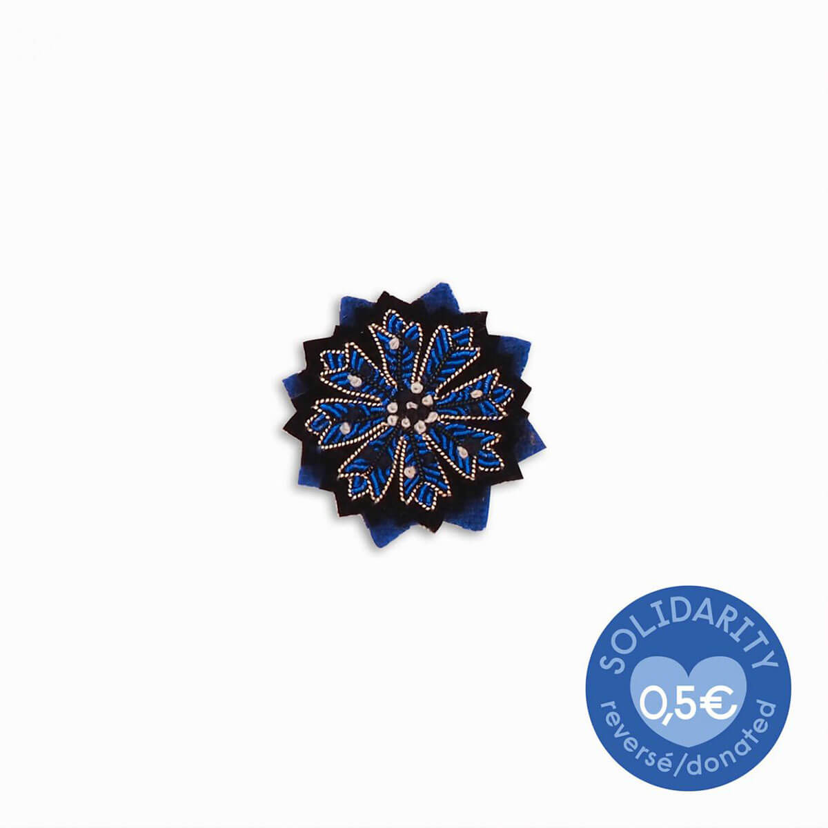 Blue & Black Cornflower Hand Embroidered Brooch by Macon & Lesquoy