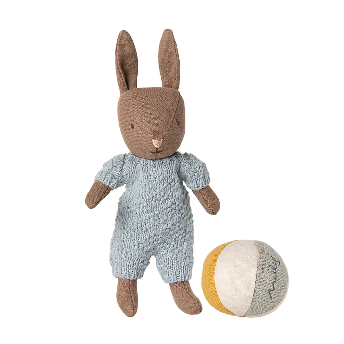 Mircro Rabbit Micro Rabbit Set in Brown / Blue Knitted Suit by Maileg – Junior Edition