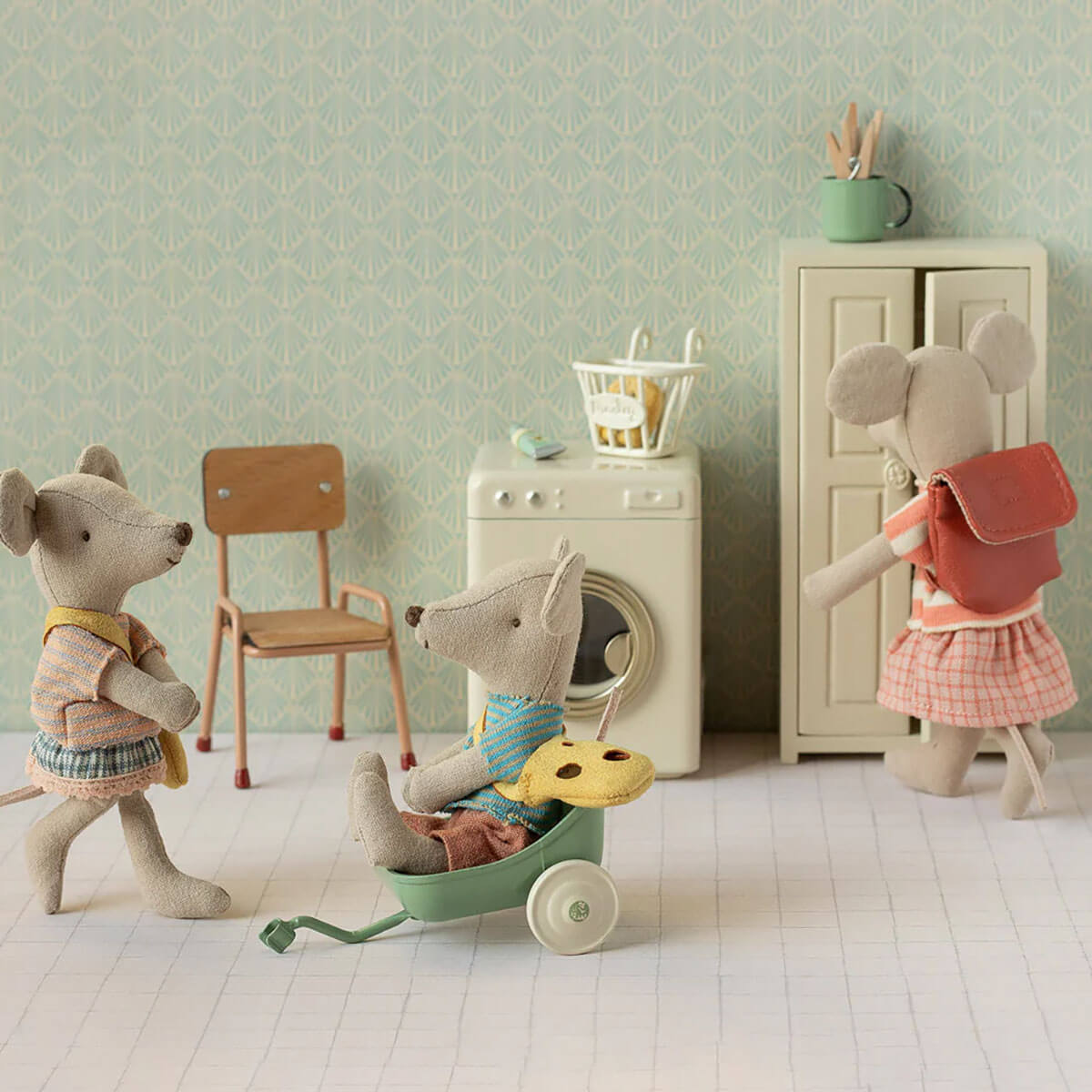 Big Sister Tricycle Mouse With Bag in Coral by Maileg