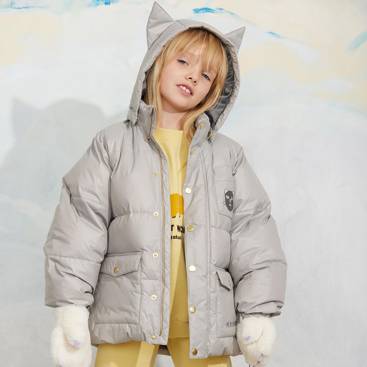 Cat Ears Heavy Puffer Jacket in Grey by Mini Rodini