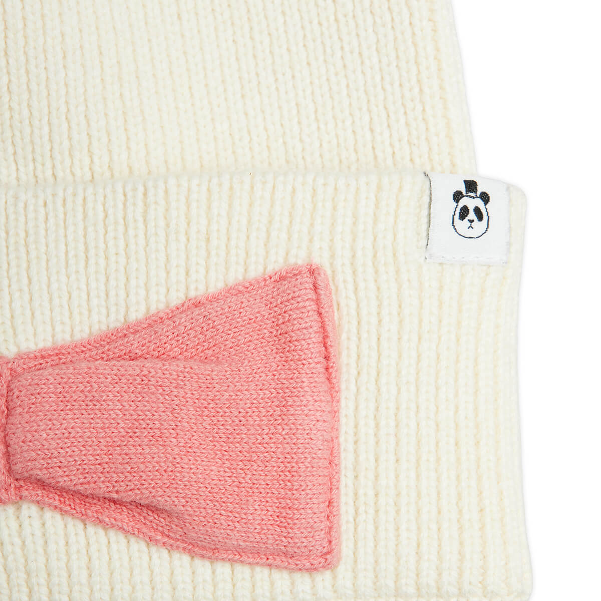 Knitted Bow Beanie in Off White by Mini Rodini