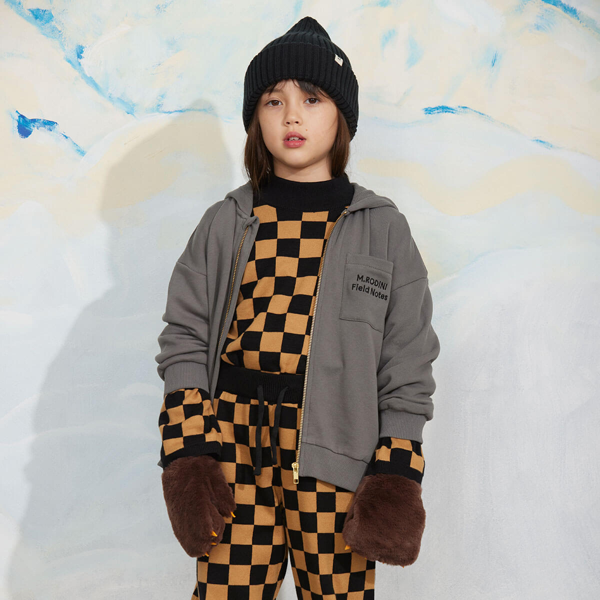 M.Rodini Field Notes Embroidered Hoodie in Grey by Mini Rodini