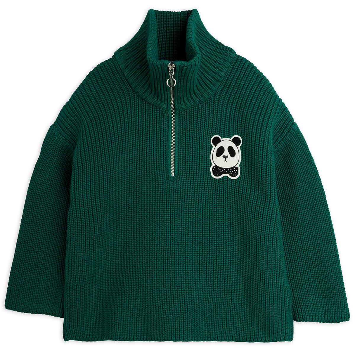 Panda Patch Chunky Knit Half Zip Sweater in Green by Mini Rodini