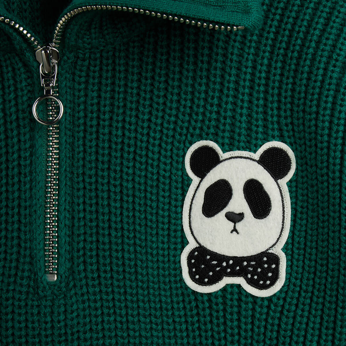 Panda Patch Chunky Knit Half Zip Sweater in Green by Mini Rodini