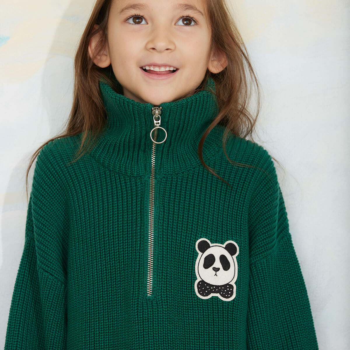 Panda Patch Chunky Knit Half Zip Sweater in Green by Mini Rodini