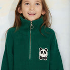 Panda Patch Chunky Knit Half Zip Sweater in Green by Mini Rodini
