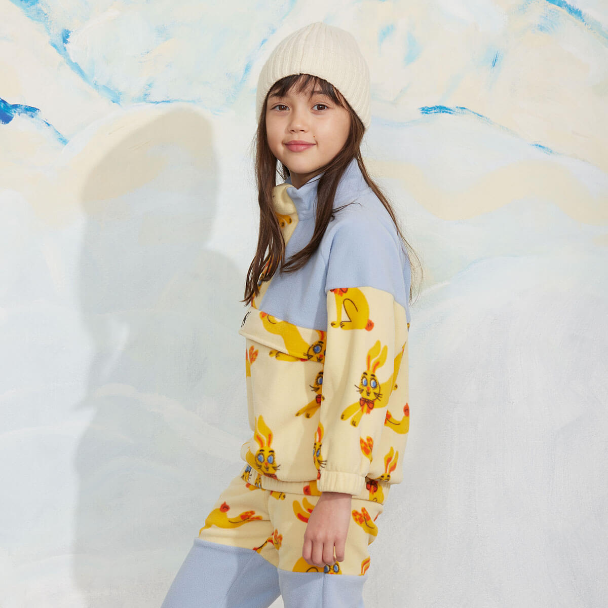 Rabbits Fleece Half Zip Sweatshirt in Yellow by Mini Rodini