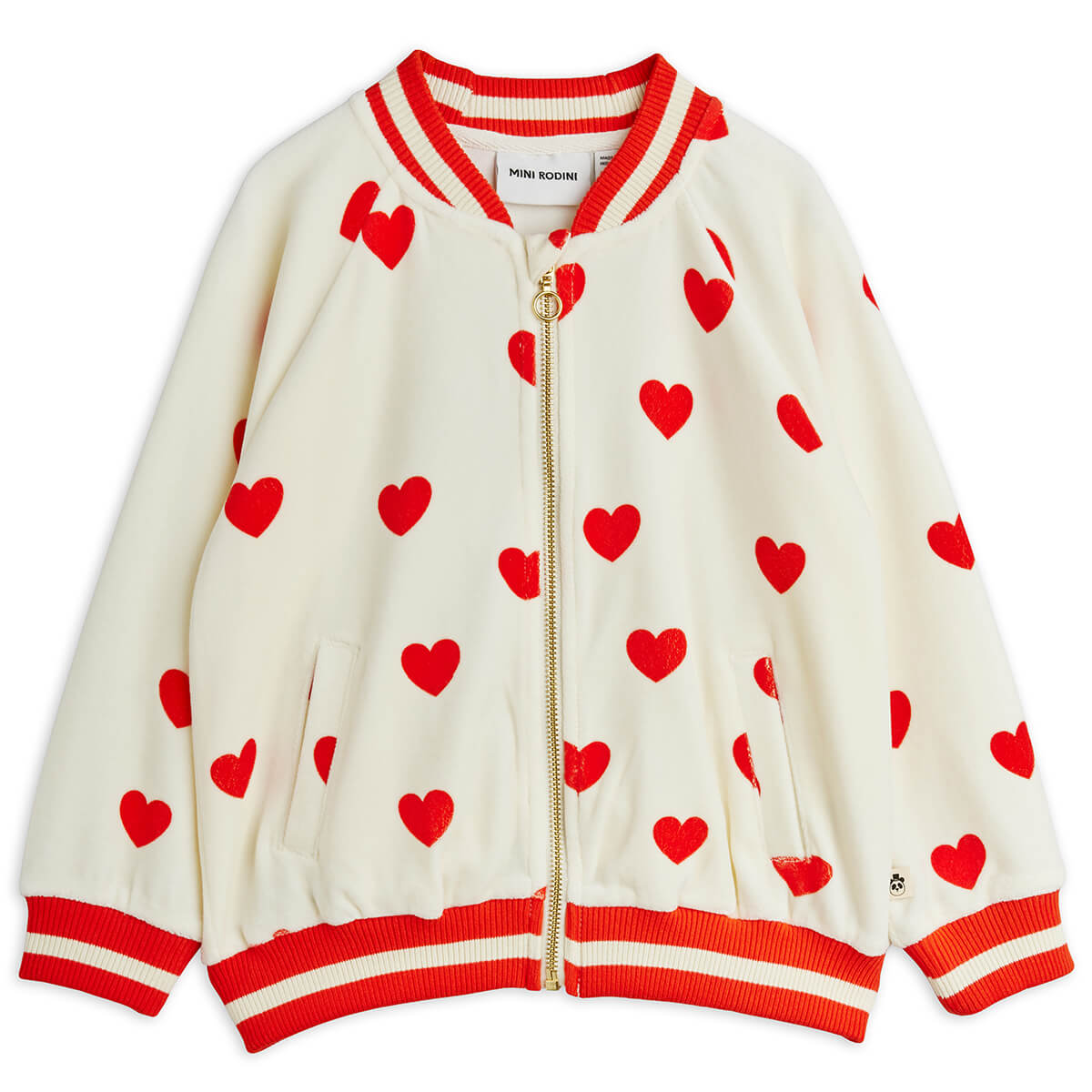 Hearts AOP Velour Baseball Cardigan by Mini Rodini – Junior Edition