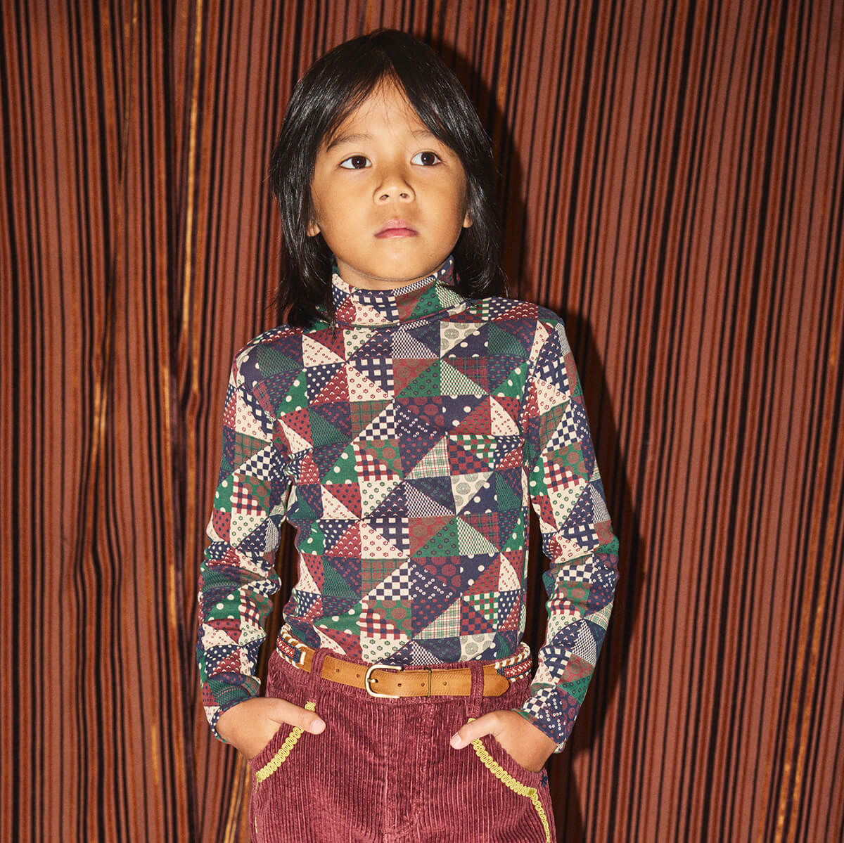 Turtleneck in Madder Root Patchwork by Misha & Puff – Junior Edition
