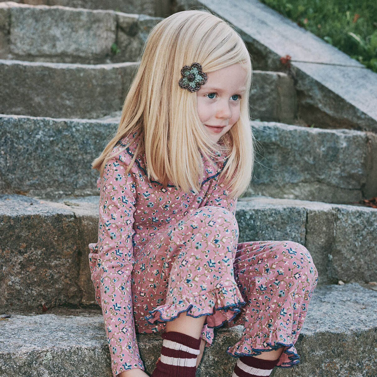 Ruffle Pedal Pusher in Antique Rose Millefleurs by Misha & Puff