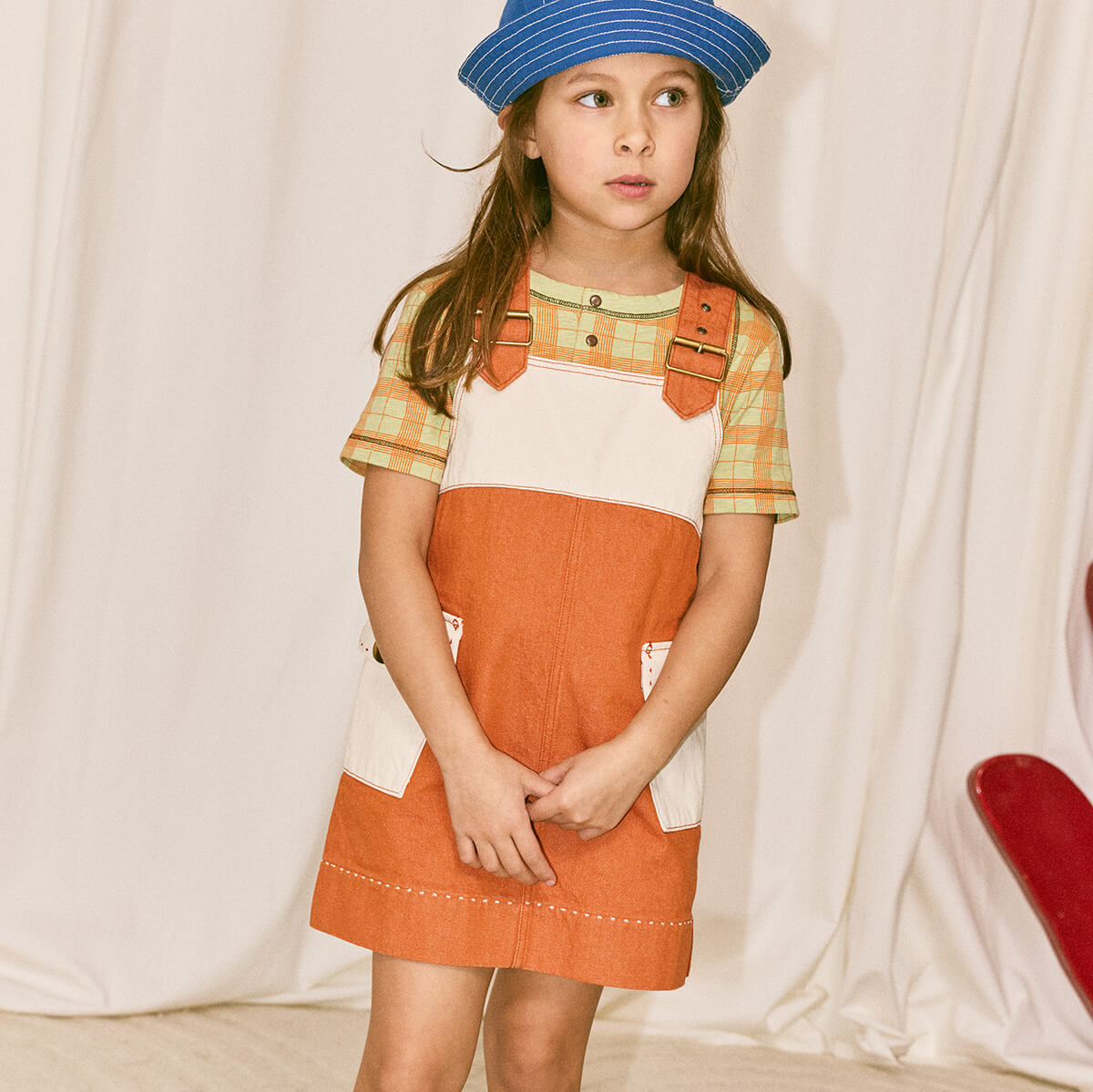 Misha & Puff Buckle Jumper Dress in Colourblock Rusty Denim