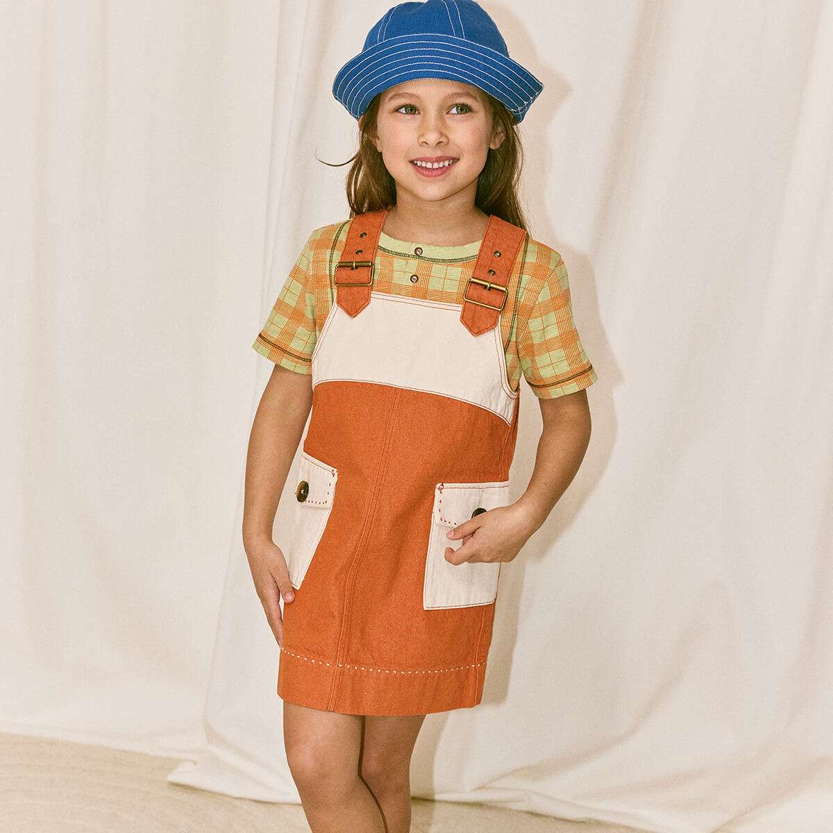 Misha & Puff Buckle Jumper Dress in Colourblock Rusty Denim