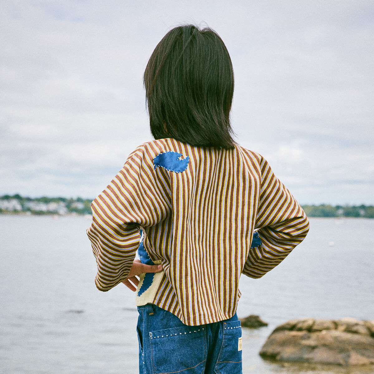 Kids' Catscape Appliqué Cardigan in Cola Painterly Stripe by Misha