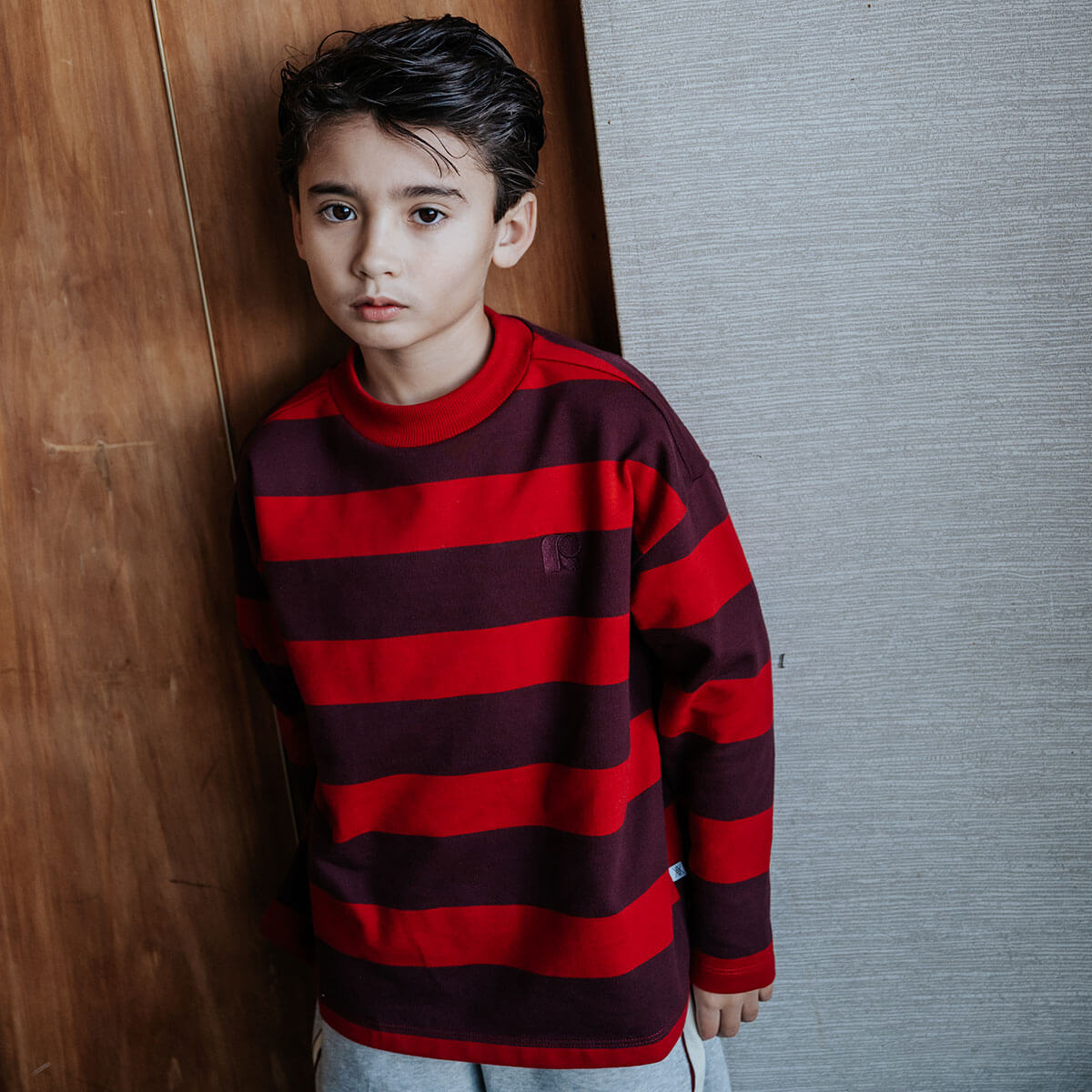 Boxy Sweater in Rusty Mulberry Block Stripe by Repose AMS
